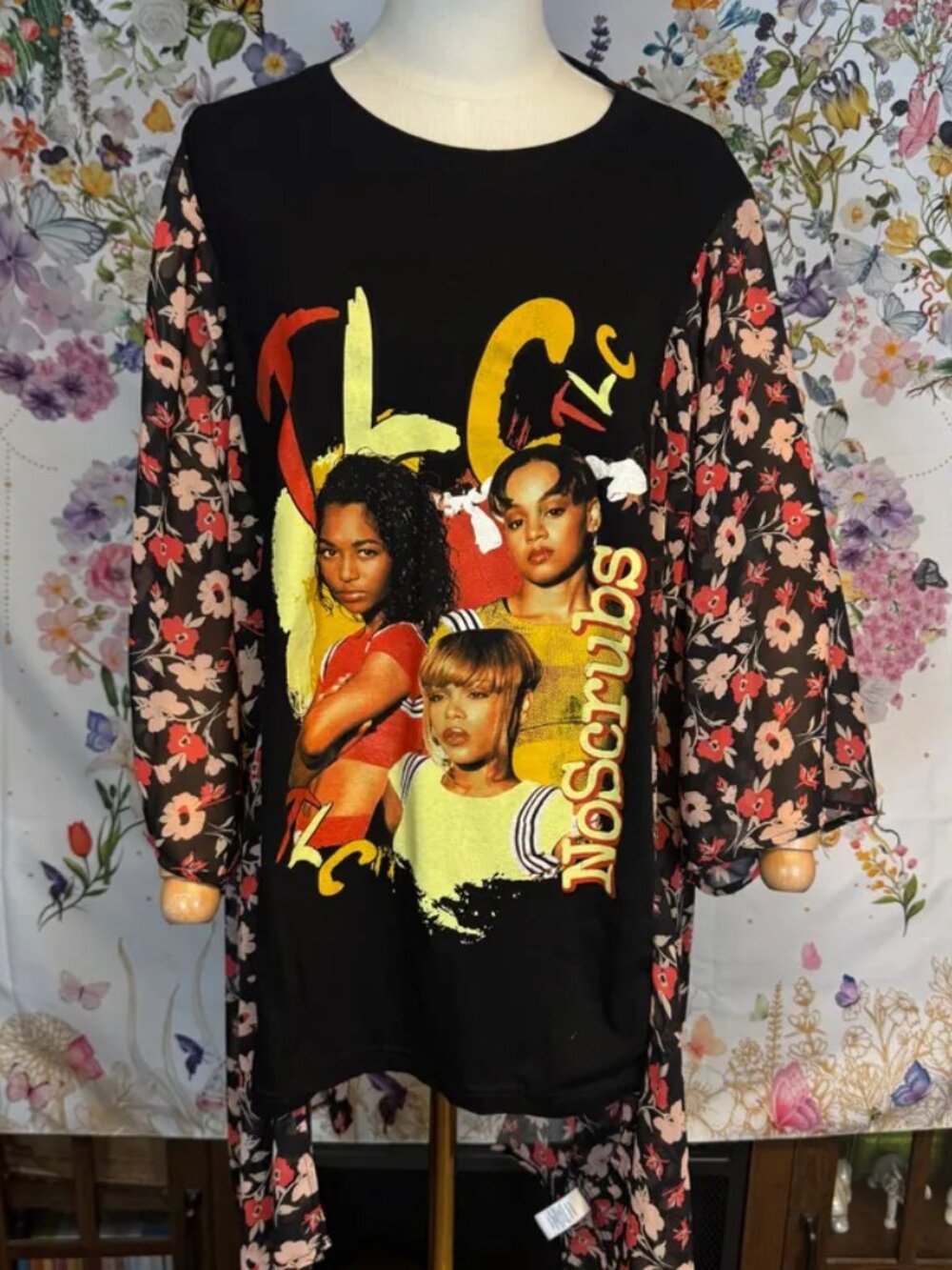 TLC No Scrubs Upcycled Graphic T-Shirt with Flowy Floral Print Sleeves - OSFM